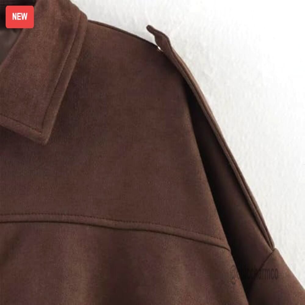 Faux Suede Bomber Jacket Women Oversized Zip Up Casual Coat Long Sleeve - Picture 2 of 7